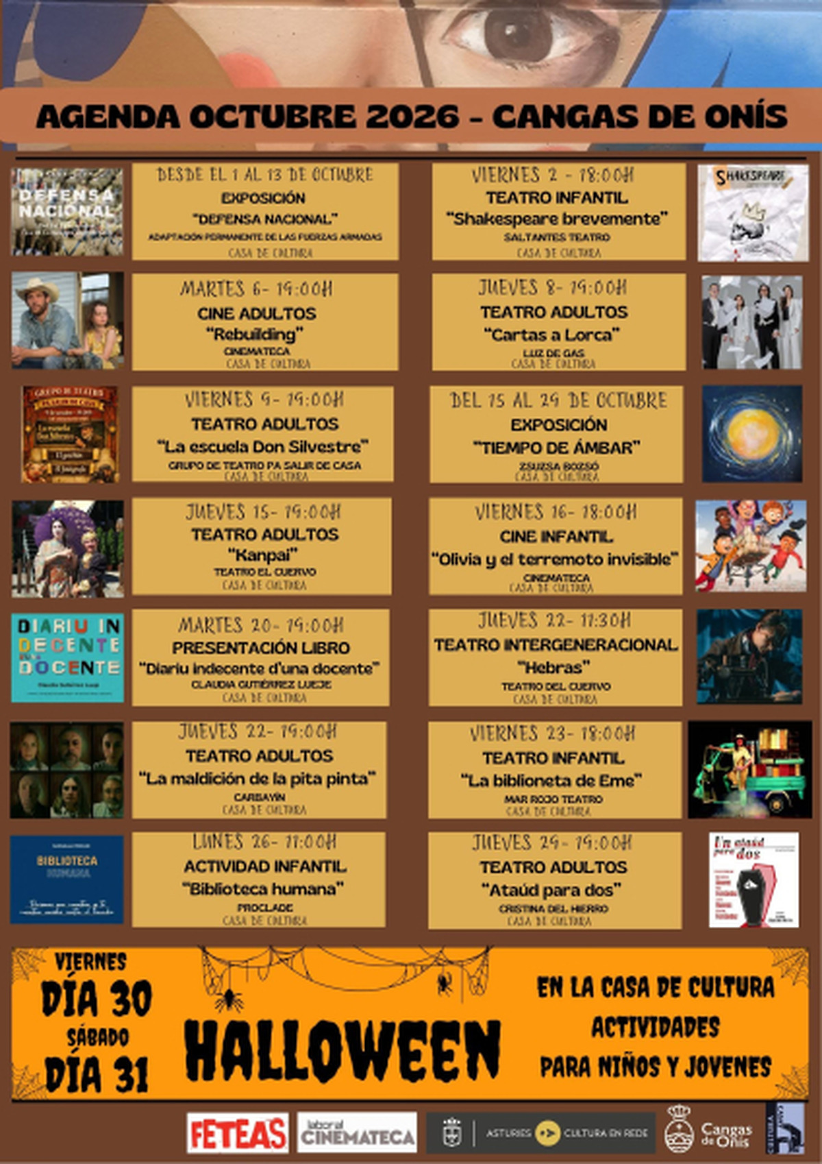 Cangas de Onís presenta su Agenda Cultural de octubre de 2026 con teatro, cine y exposiciones