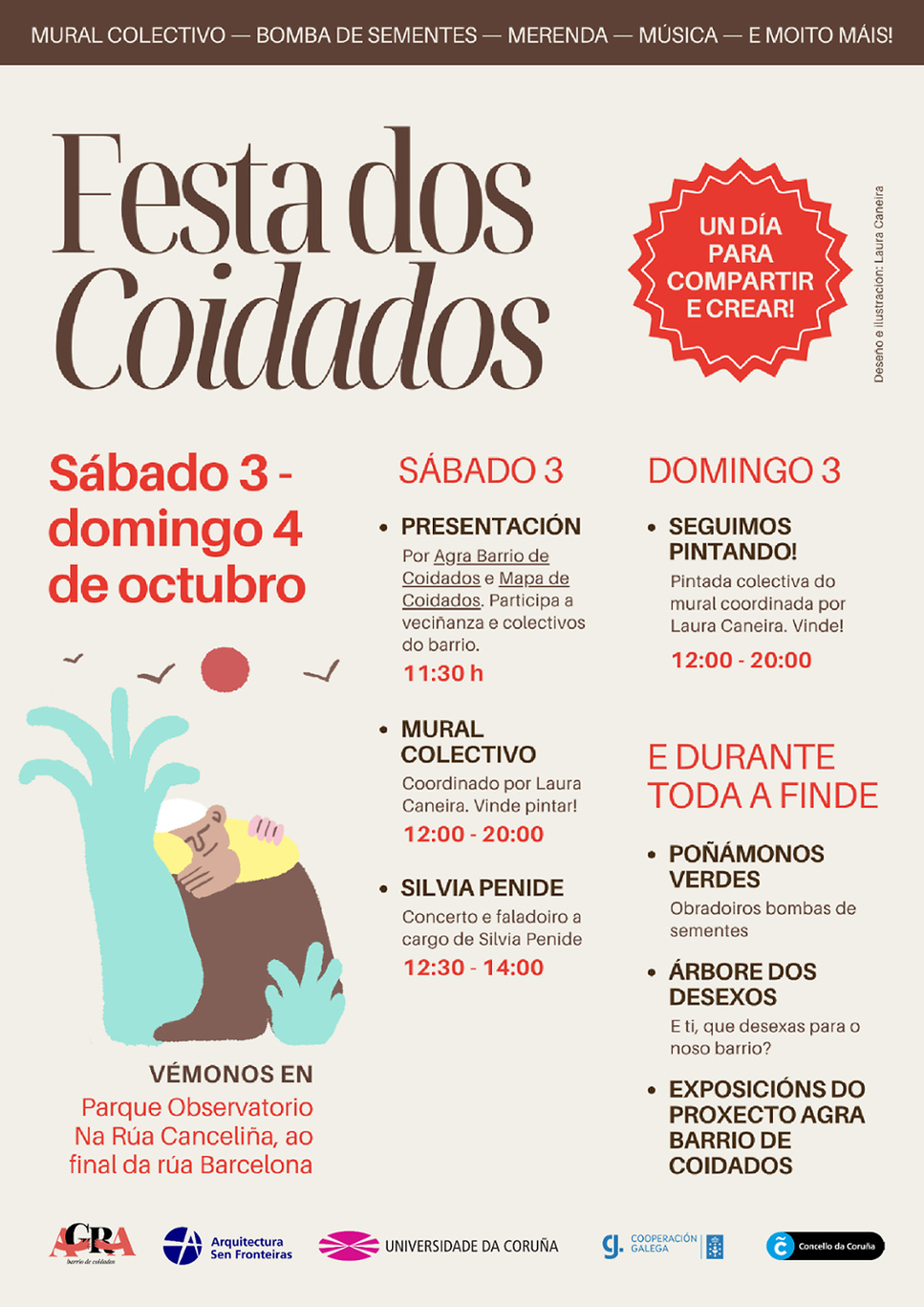 A Coruña celebra la Festa dos Coidados con la creación del mural «Rede de coidados» en el parque do Observatorio